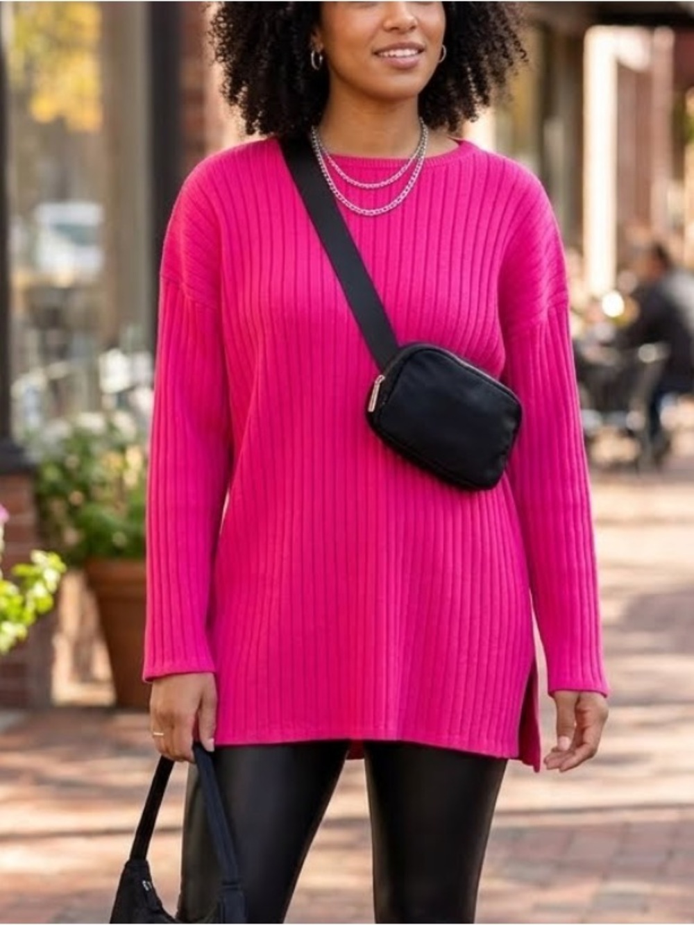 Vtg 90s Express Tricot Hot Pink Ribbed Knit Tunic Sweater Oversized Crew M